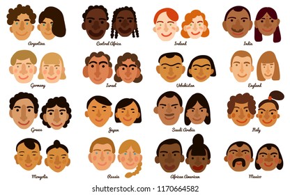 Set of international human faces of man and woman from different countries isolated vector illustration  