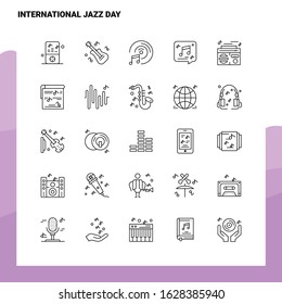 Set of International Jazz Day Line Icon set 25 Icons. Vector Minimalism Style Design Black Icons Set. Linear pictogram pack.