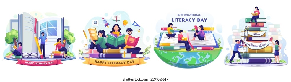 Conjunto de conceptos del Día Internacional de la Alfabetización con la gente celebrando el día de la alfabetización leyendo libros. Ilustración vectorial de estilo plano