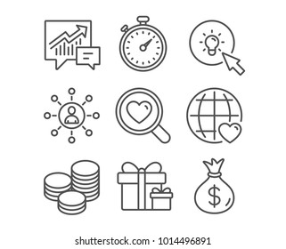 Set of International love, Search love and Timer icons. Surprise package, Tips and Energy signs. Networking, Accounting and Money bag symbols. Internet dating. Dating service. Stopwatch gadget