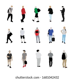 Set of international men are walking with silhouette position