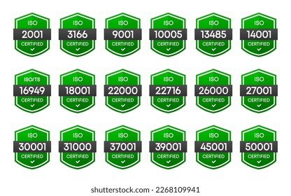 Set of International Organization for Standardization badge. Set of popular standards ISO. Certificate concept. Vector illustration.
