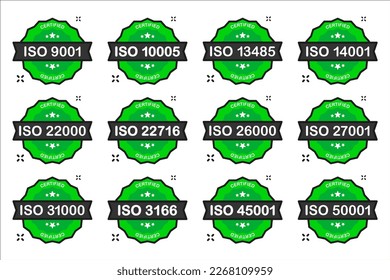 Set of International Organization for Standardization badge. Set of popular standards ISO. Certificate concept. Vector illustration.