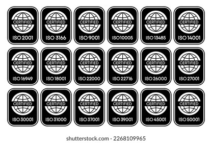 Set of International Organization for Standardization badge. Set of popular standards ISO. Certificate concept. Vector illustration.