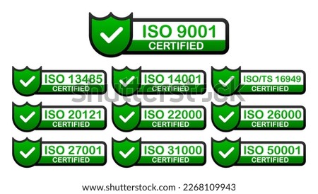 Set of International Organization for Standardization badge. Set of popular standards ISO. Certificate concept. Vector illustration.