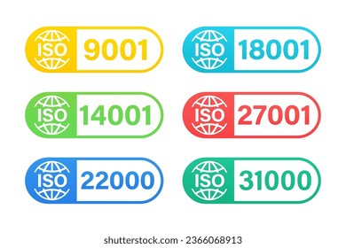 Set of International Organization for Standardization stamp 27001, 22000, 18001, 9001, 14001. Set of popular standards ISO. Management system certified sign. Vector illustration