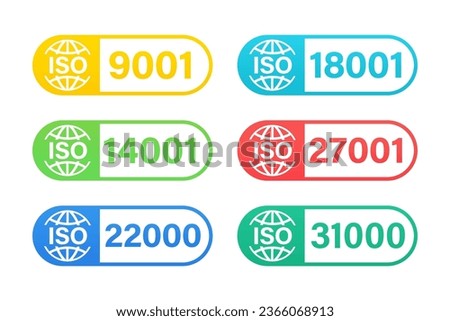 Set of International Organization for Standardization stamp 27001, 22000, 18001, 9001, 14001. Set of popular standards ISO. Management system certified sign. Vector illustration