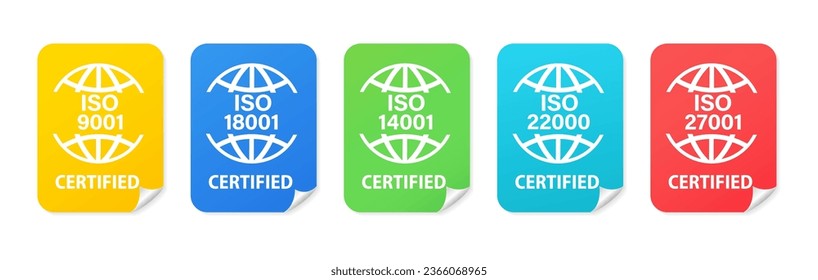 Set of International Organization for Standardization stickers 27001, 22000, 18001, 9001, 14001. Set of popular standards ISO. Management system certified sign. Vector illustration