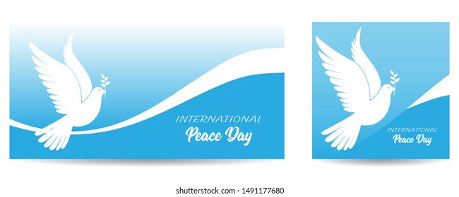 Set of International Peace Day Card, Flayer or Banner. Lettering with dove and olive branch. Vector illustration