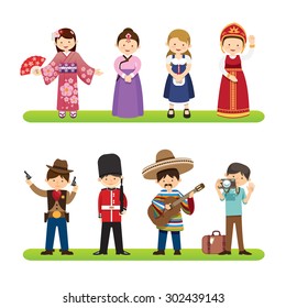 Set of international people isolated on white background. nationalities dress korea, japan, mexico, usa styles. flat design cartoon style. vector Illustration