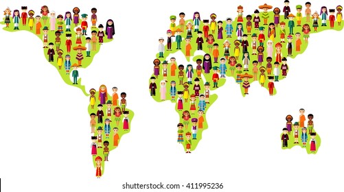 Set of international people in traditional costumes on the map world