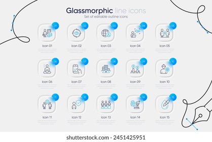 Conjunto de Iconos de línea de reclutamiento internacional, ingeniero y pruebas Ab para App de Web. Desplazarse hacia abajo, gotas de ojos, iconos de equidad. Inventario, Yoga, Señales de igualdad. Objetivo ocular, seguridad, onda de voz. Vector
