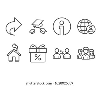 Set of International recruitment, Throw hats and Discount offer icons. Communication, Share and Teamwork signs. World business, College graduation, Gift box. Users talking, Link, Group of users