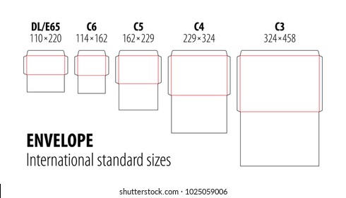 Set of international standard envelopes for office document or message, vector die cut template. Stamp. Vector black isolated circuit envelope, A6, A5, A4, A3, DL, E65, C6, C5, C4 dimensions.