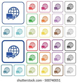 Set of international transport flat rounded square framed color icons on white background. Thin and thick versions included.