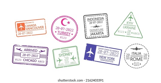 Set of International Travel Visa Passport Stamps. Berlin, Chicago, Paris, Tokyo. Hong Kong, Netherlands, Glasgow or Canada. Turkey, Indonesia, Jakarta, Kyiv Ukraine, Moscow, Sydney, New York and Rome