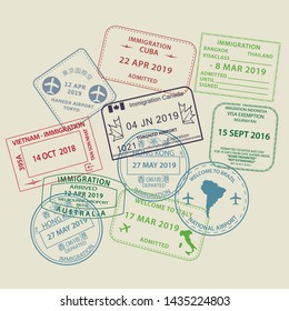 Set of International travel visas passport stamp icons for entering to Australia, Thailand, Brazil, Canada, Cuba, Hong Kong, Indonesia, Vietnam
