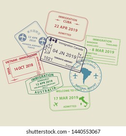 Set Of International Travel Visas Passport Stamp Icons For Entering To Australia, Thailand, Brazil, Canada, Cuba, Hong Kong, Indonesia, Vietnam
