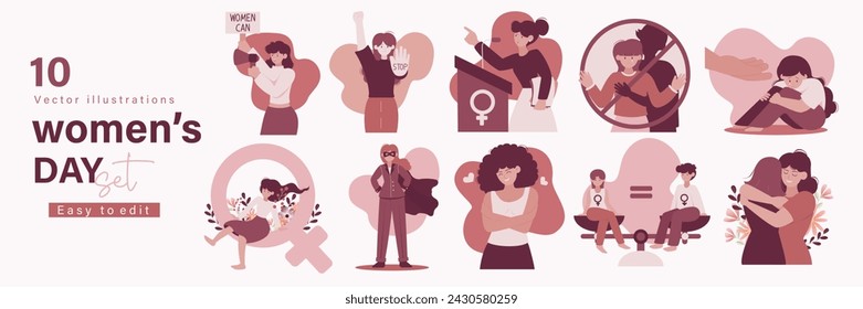 Set of International Women Day concept with celebrate women day. Struggling for freedom, treatment, independence, equality. vector illustration