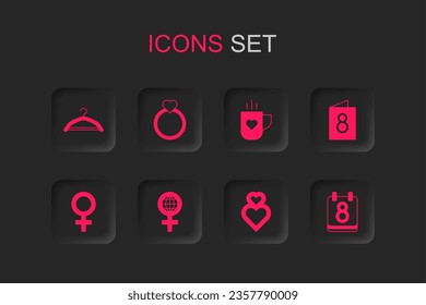 Set International Women Day, Diamond engagement ring, Hanger wardrobe, Heart, Greeting card with 8 March, Calendar, Coffee cup and heart and Female gender symbol icon. Vector