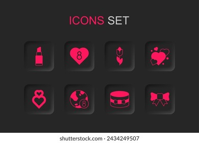 Set International Women Day, Heart with 8 March, Lipstick, Gift box and heart, bow, Flower tulip and  icon. Vector