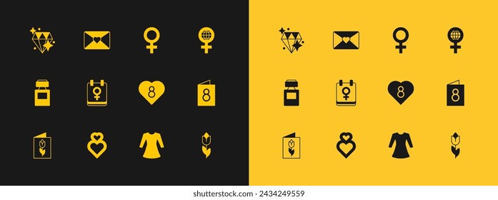 Set International Women Day, Heart, with 8 March, Woman dress, Calendar, Female gender symbol, Diamond and Envelope icon. Vector