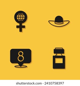 Set International Women Day, Perfume, 8 March and Elegant women hat icon with long shadow. Vector