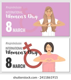A set of International Women's Day backgrounds. Flat vector illustrations for banners, posters, flyers, social media. InspireInclusion 2024 campaign. Women with heart-shaped hands.