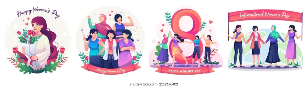 Set of International Women's Day concept with happy multinational diverse women celebrate womens day. Struggling for freedom, independence, equality. Flat style vector illustration - Shutterstock ID 2119190402