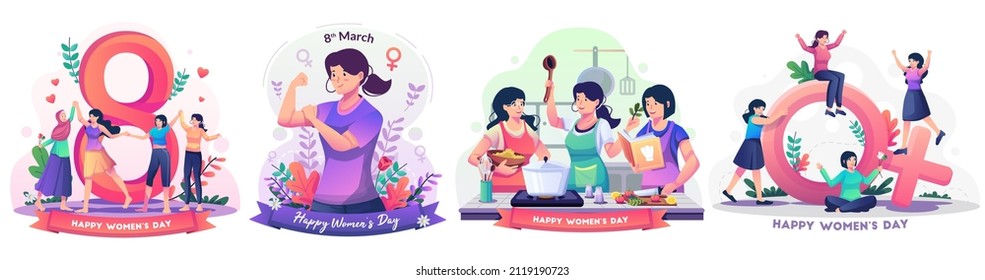 Conjunto de conceptos del Día Internacional de la Mujer con feliz celebración del Día de la Mujer. las mujeres cocinan en la cocina. Libertad, independencia, igualdad. Ilustración vectorial de estilo plano