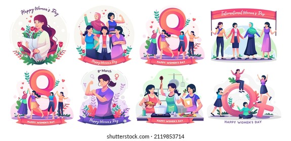 Set of International Women's Day concept with multinational diverse women celebrate women's day. women are cooking in the kitchen. Freedom, independence, equality. Flat style vector illustration