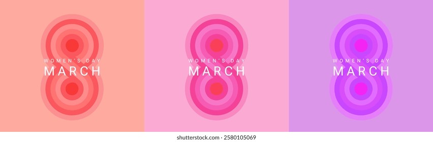 Set of International Women's Day flyers. Greeting cards for March 8 with big number eight. Set of festive templates for International Women's Day holiday graphic design. Vector illustration.