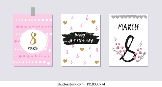 Set of International Women's day greeting cards. Brush lettering. Hand drawn hearts, flowers. Gold, pink, black and white colors. Collection of 8 march poscards with greeting tags. Simple style. 