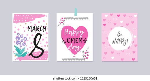 Set of International Women's day greeting cards. Happy women's day. Brush lettering. Hand drawn elements, hearts, flowers. Collection of 8 march poscards with greeting tags. Simple style. 