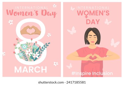 Set of International Women's Day posters, greeting cards, banners in flat style. Woman with heart-shaped hands. InspireInclusion 2024 campaign. Vector backgrounds of the women's history month.