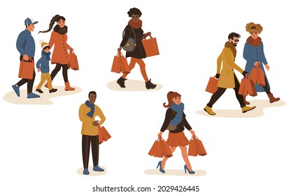 Set of international young people shopaholics with shopping bags. Collection with family, youth and couple go to the store. Flat vector illustration on isolated white background