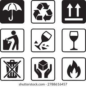 A set of internationally recognized pictograms for product packaging, indicating proper handling, environmental care, and potential hazards during transport.