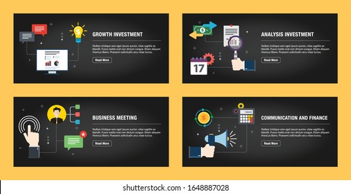 Conjunto de plantillas de diseño de banners de Internet para sitios web, marketing en Internet y negocios. Inversión en crecimiento, inversión en análisis, reunión de negocios, comunicación y finanzas. Vector de diseño plano.
