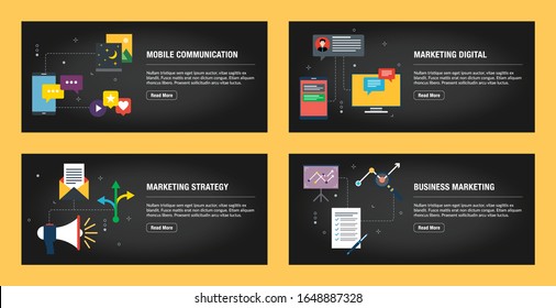 Set of internet banner design templates for web sites, internet marketing, and business. Mobile communication, marketing digital, marketing strategy and business marketing. Flat design vector.