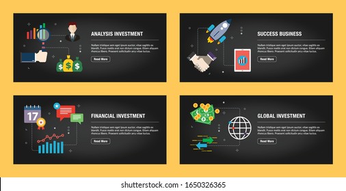 Set von Internet-Banner-Design-Vorlagen für Websites, Internet-Marketing und Business. Analyse der Investitionen, Erfolgsgeschäft, Finanzinvestitionen, globale Investitionen. Flaches Design Vektorillustration.