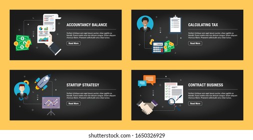 Set of internet banner design templates for web sites, internet marketing, and business. Accountancy balance, calculating tax, startup strategy and contract business. Flat design vector.