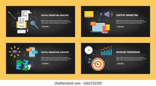 Set of internet banner design templates for web sites, internet marketing, and business. Digital marketing analysis, content marketing, strategy, and increase conversion. Flat design vector.