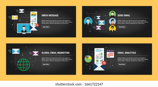 Conjunto de plantillas de diseño de banners de Internet para sitios web, marketing en Internet y negocios. Mensaje de Bandeja de entrada, enviar correo electrónico, marketing global de correo electrónico y análisis de correo electrónico. Vector de diseño plano.