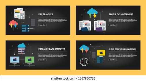 Set of internet banner design templates for web sites, internet marketing, and business. File transfer, backup data document, exchange data computer, and cloud computing. Flat design vector.