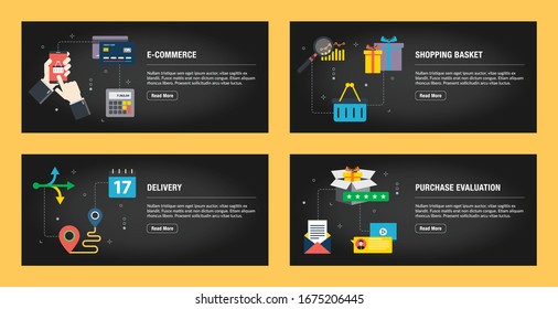 Set of internet banner design templates for web sites, internet marketing, and business. E-commerce, shopping basket, delivery, and purchase evaluation. Flat design vector.