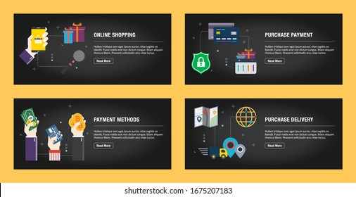 Conjunto de plantillas de diseño de banners de Internet para sitios web, marketing en Internet y negocios. Compras por Internet, pago de compra, pago, entrega de compra. Vector de diseño plano.