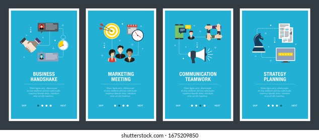 Conjunto de plantillas de diseño de banners de Internet para sitios web, marketing en Internet y negocios. Manejo de negocios, reunión de marketing, trabajo en equipo de comunicación y estrategia. Ilustración vectorial de diseño plano.