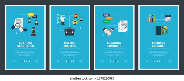 Set von Internet-Banner-Design-Vorlagen für Webseiten, Internet-Marketing und Business.Vertragsverhandlung, Meetinggeschäft, Signaturvertrag, Umsatzkalender. Flaches Design Vektorillustration.
