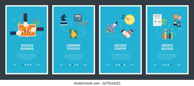 Conjunto de plantillas de diseño de banners de Internet para sitios web, marketing en Internet y negocios.Negocios de éxito, estrategia de ganancias, inicio exitoso y éxito de crecimiento. Vector de diseño plano.
