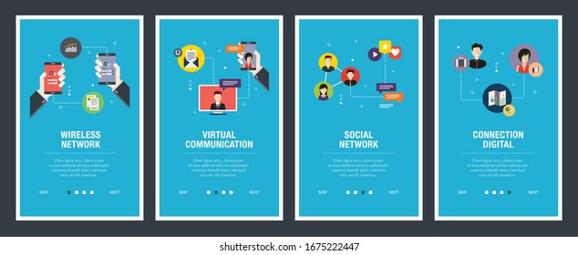 Set von Internet-Banner-Design-Vorlagen für Websites, Internet-Marketing und Business. Drahtloses Netzwerk, virtuelle Kommunikation, soziales Netzwerk, digitale Verbindung. Flaches Design Vektorillustration.